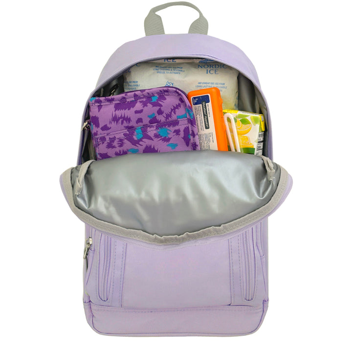 Diabetes Roam Insulated Sling Backpack in purple back insulated pocket with Sugar Medical diabetes supply case, juice box, glucagon, and Nordic icepack. 