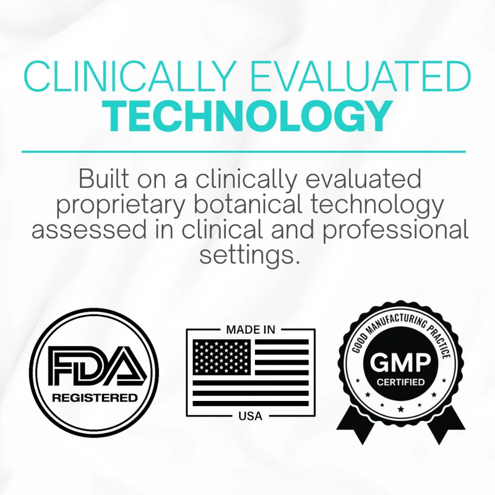 Certification badges for clinically evaluated technology, FDA registered, made in USA, and GMP certified on a white background.