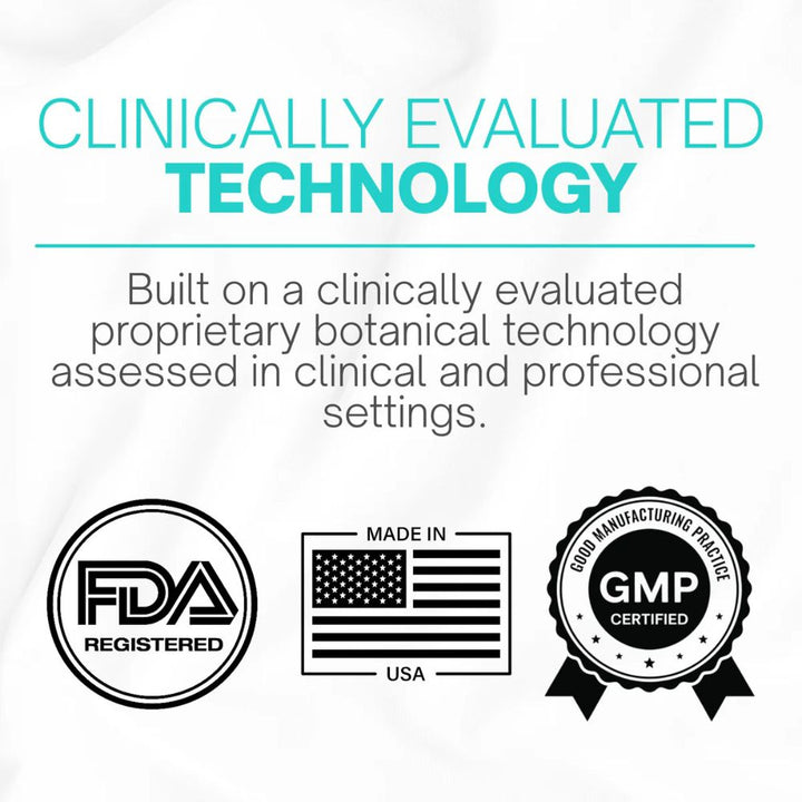 Certification badges for clinically evaluated technology, FDA registered, made in USA, and GMP certified on a white background.