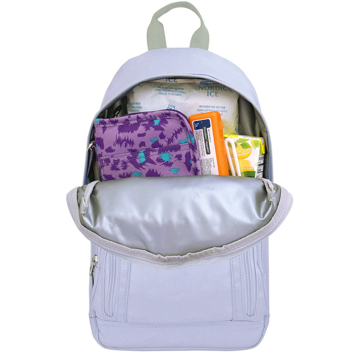 Diabetes Roam Insulated Sling Backpack in purple back insulated pocket with Sugar Medical diabetes supply case, juice box, glucagon, and Nordic icepack. 