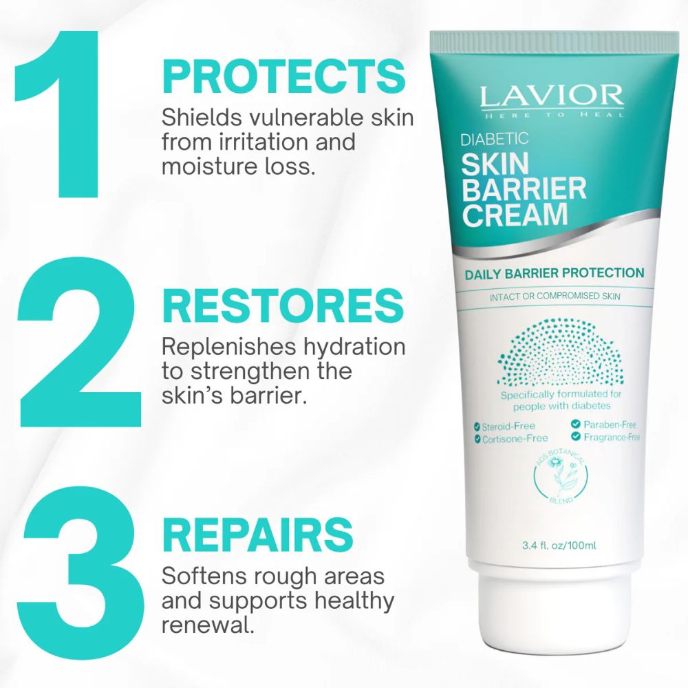 Lavier Diabetic Skin Barrier Cream with benefits listed on a white background