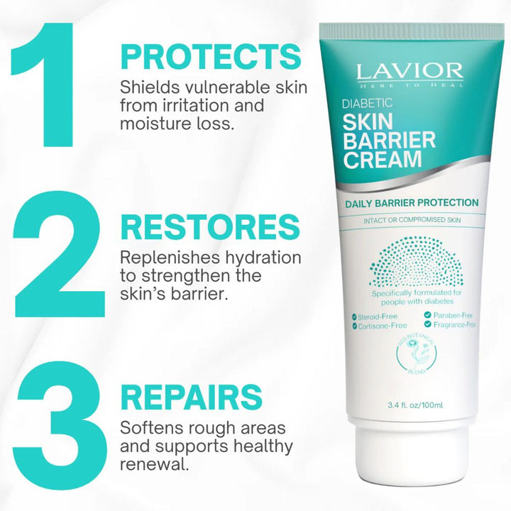 Lavier Diabetic Skin Barrier Cream with benefits listed on a white background