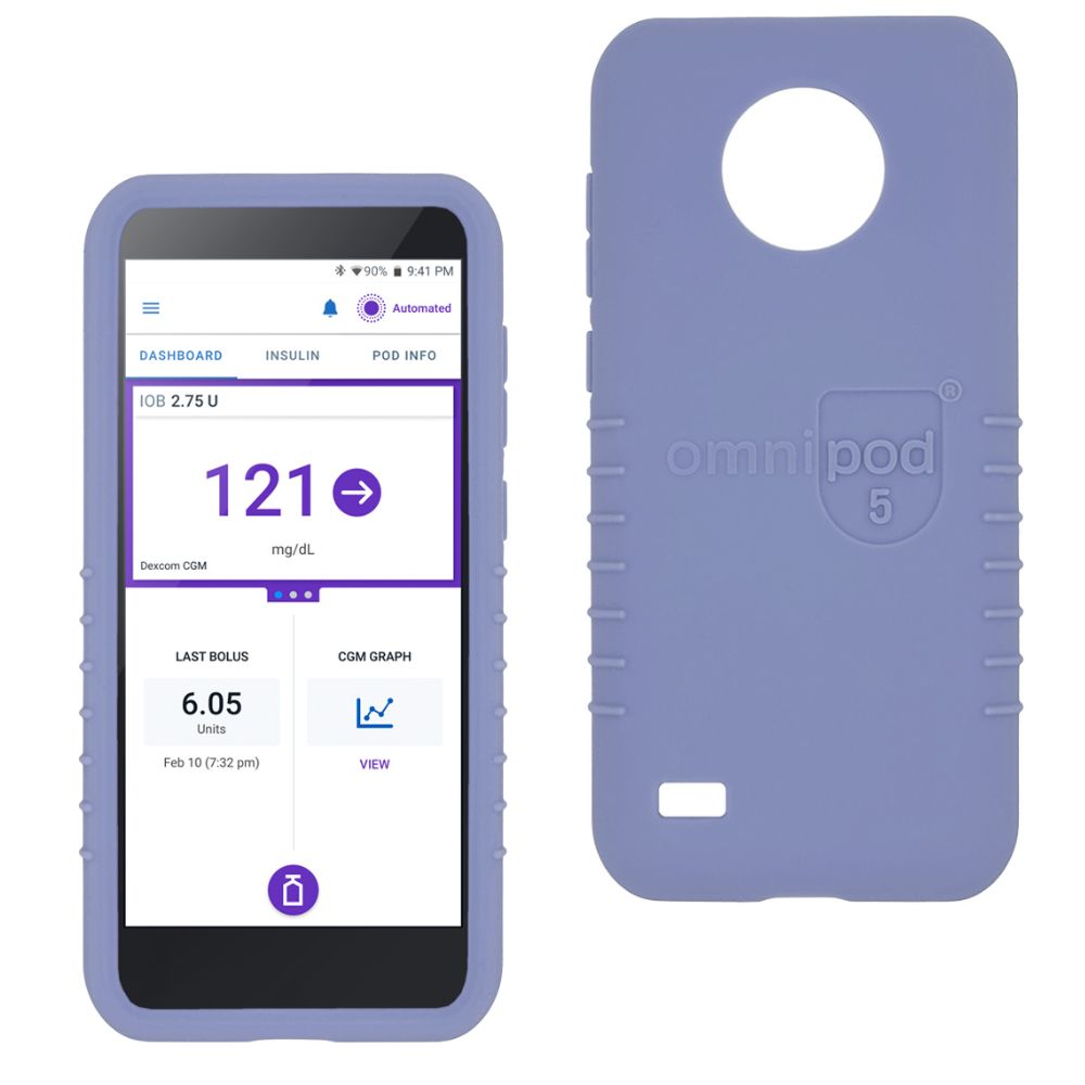 Front and back views of Omnipod gel skin case in periwinkle, showing protective cover with soft silicone texture.