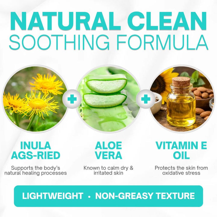Promotional graphic for a soothing natural formula, featuring three circular ingredient images: dandelion for inula ags-ried, aloe vera slices for aloe vera, and a bottle of vitamin E oil. The text reads 'NATURAL CLEAN SOOTHING FORMULA' and 'LIGHTWEIGHT • NON-GREASY TEXTURE'.