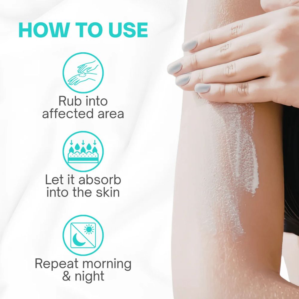 Instruction graphic showing how to use a skin cream or lotion on an arm. The left side has a white background with teal icons and text reading 'HOW TO USE,' 'Rub into affected area,' 'Let it absorb into the skin,' and 'Repeat morning & night.