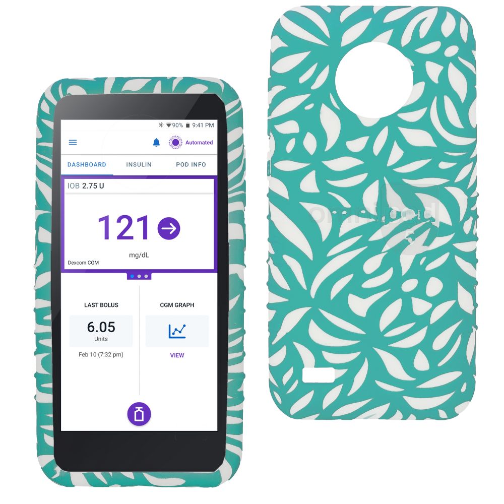 Front and back views of Omnipod gel skin case in a teal and white design, showing protective cover with soft silicone texture.