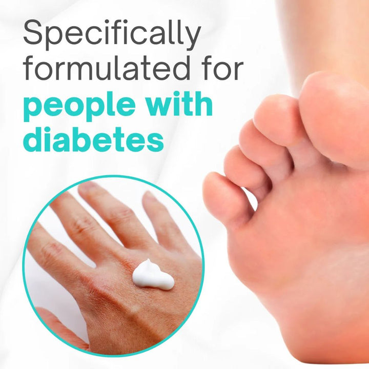 Foot cream for people with diabetes, showing a close-up of a foot and a hand with cream application.