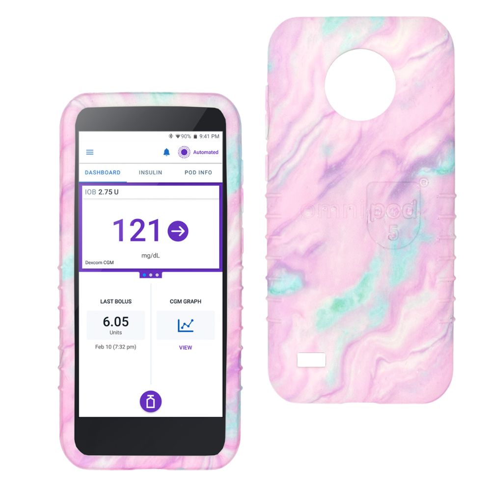 Front and back views of Omnipod gel skin case in pink cloud design, showing protective cover with soft silicone texture.