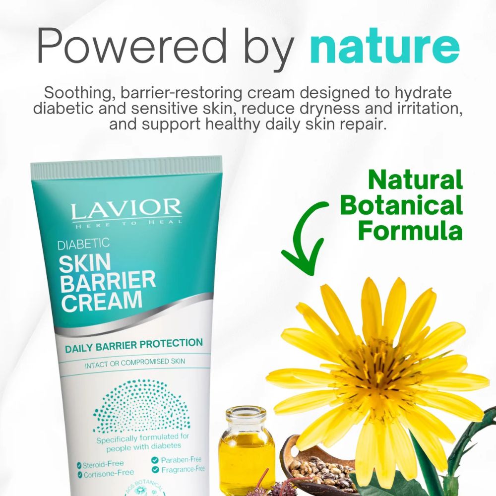 Lavior Diabetic Skin Barrier Cream with natural botanical elements on a white background
