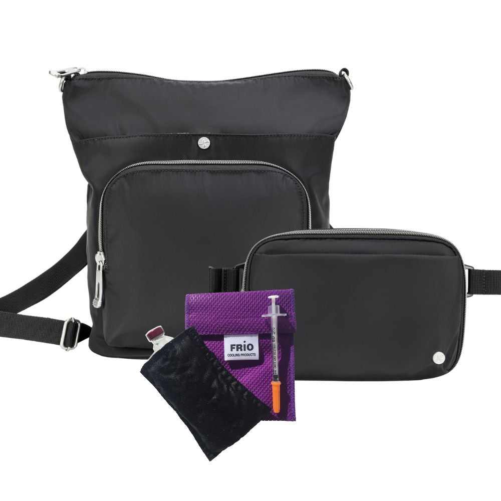 Black crossbody diabetes supply purse and black belt bag with purple frio insulin case and syringe on a white background