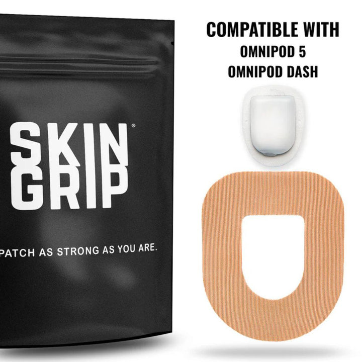 Black bag of Omnipod Skin Grip in tan compatible with Omnipod 5 and Omnipod Dash. 