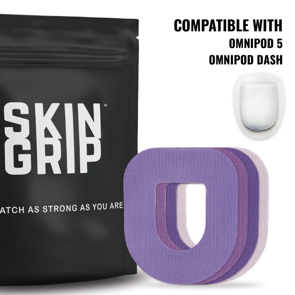 Black bag of Omnipod Skin Grip in purple colors compatible with Omnipod 5 and Omnipod Dash. 