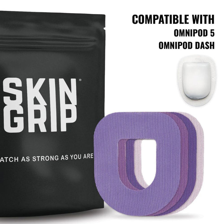 Black bag of Omnipod Skin Grip in purple colors compatible with Omnipod 5 and Omnipod Dash. 