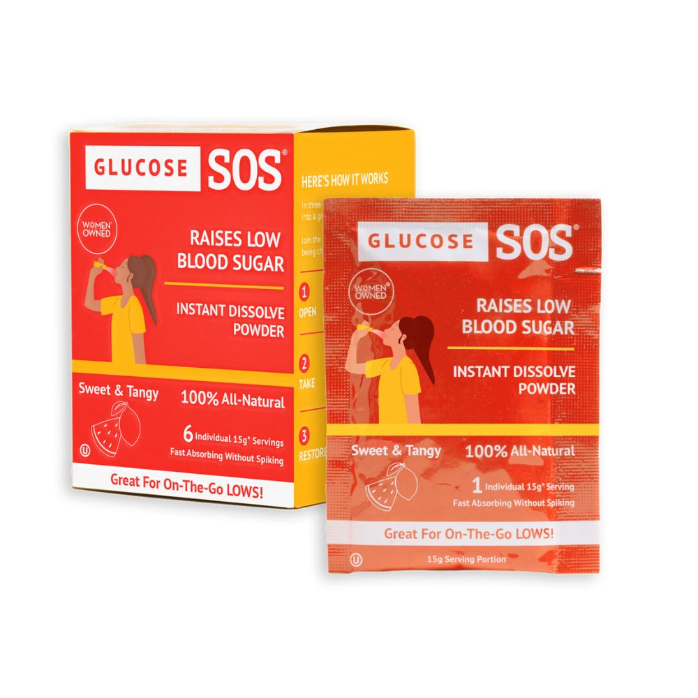 A box of Sweet and Tangy Glucose SOS with one packet pulled out of the box of six. 