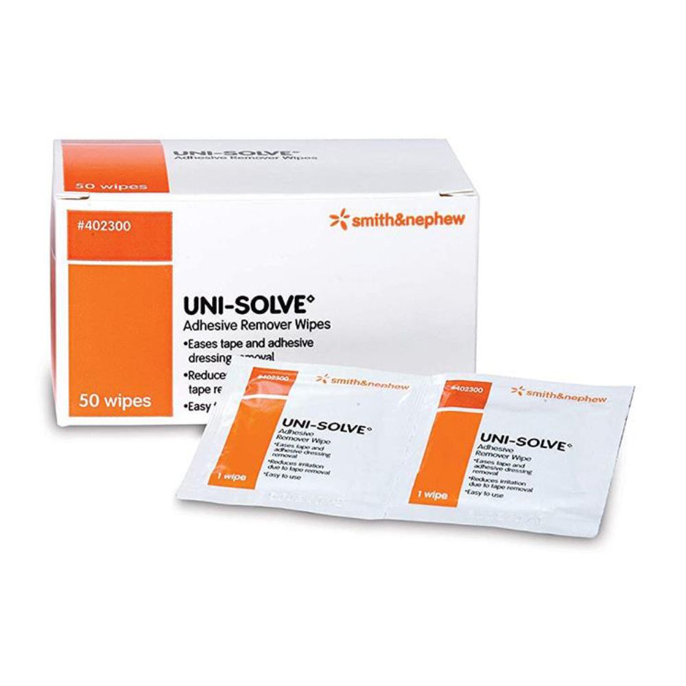 Box of 50 individual packets of Adhesive Remover UniSolve Wipes dissolves adhesives reducing trauma to the skin caused by frequent or aggressive tape adhesion.