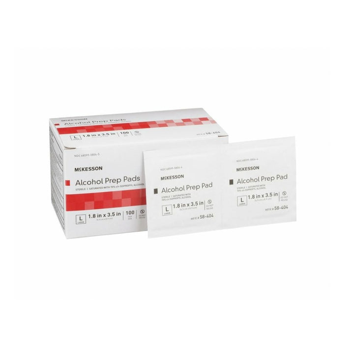 A box of Mikesson Alcohol Prep Pads with two individual pads displayed in front on a clean white background.