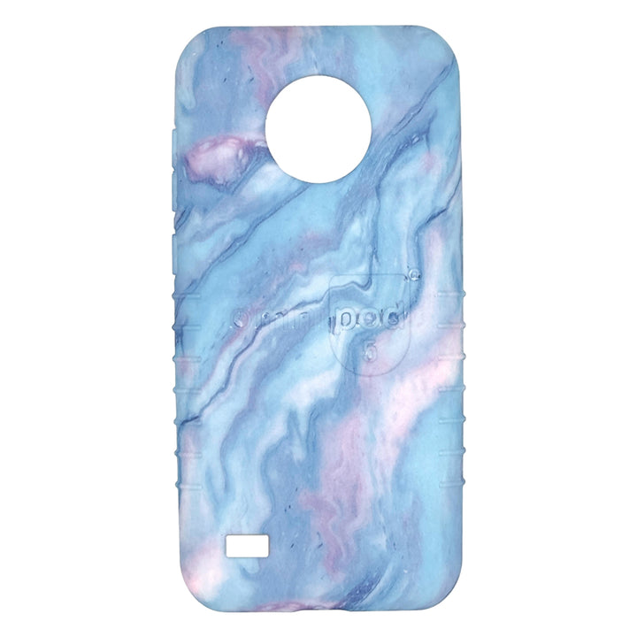 Back view of an Omnipod 5 device cover featuring a dreamy watercolor design in soft pastel hues of blue, pink, and purple, blending seamlessly in abstract swirls and washes.