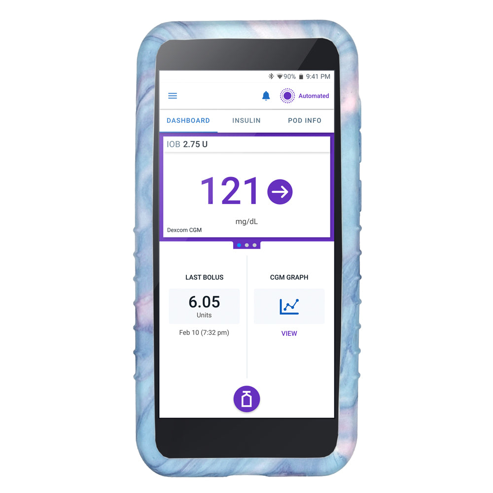 Front view of an Omnipod 5 device cover featuring a dreamy watercolor design in soft pastel hues of blue, pink, and purple, blending seamlessly in abstract swirls and washes with device in it. 