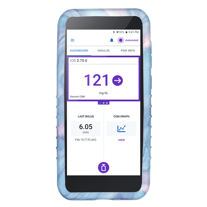 Front view of an Omnipod 5 device cover featuring a dreamy watercolor design in soft pastel hues of blue, pink, and purple, blending seamlessly in abstract swirls and washes with device in it. 