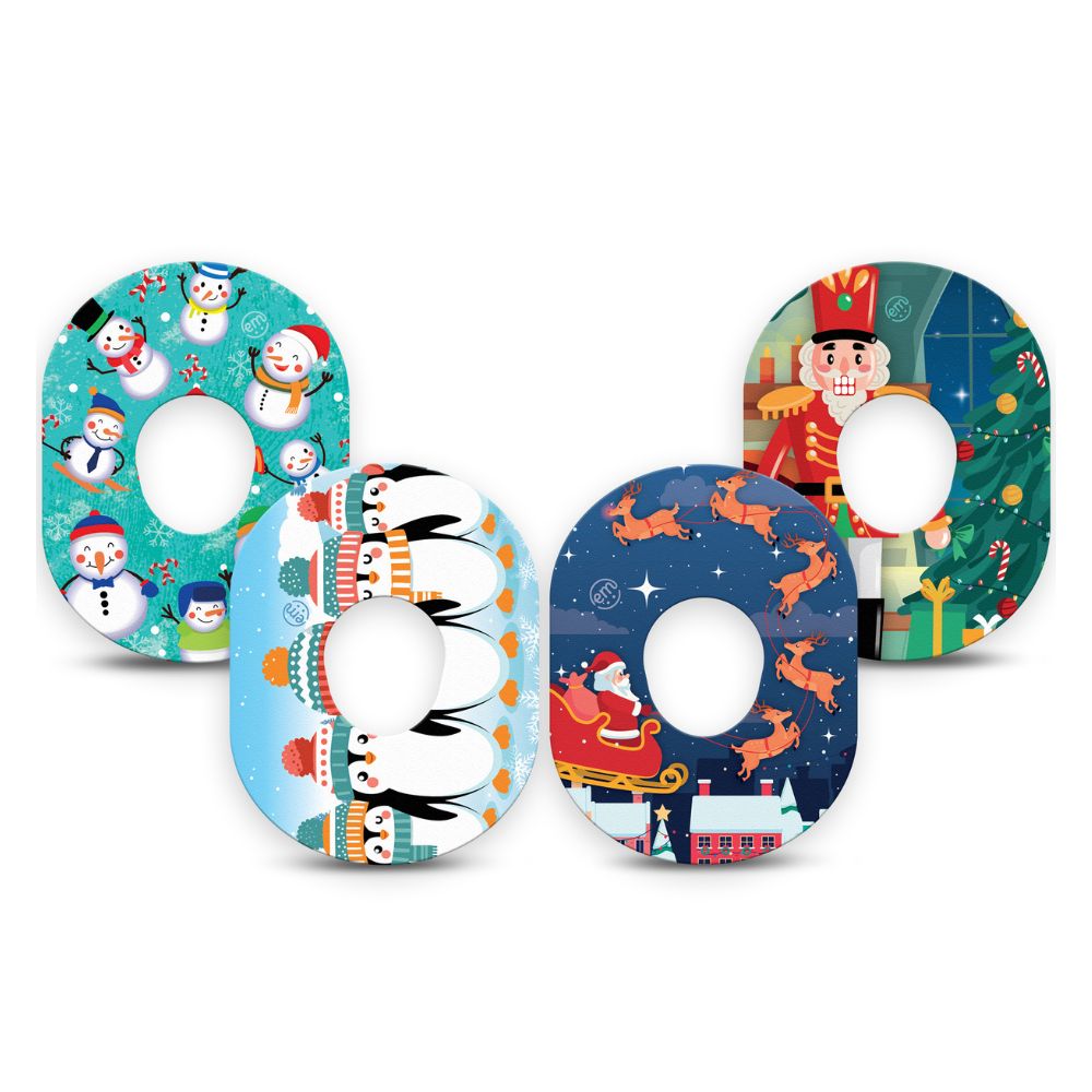 Four Dexcom G7 or Stelo sensor tapes with the ExpressionMed holiday-themed illustrations, including snowmen, penguins, Santa, reindeer, and a nutcracker, arranged on a white background.