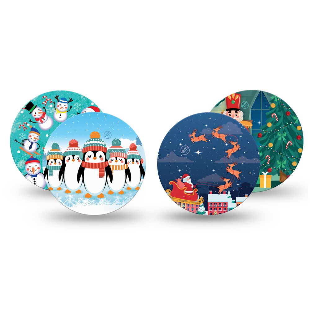 Four ExpressionMed Libre 2 Tapes with colorful winter illustrations, including penguins, snowmen, Santa Claus, Christmas tree, and reindeer, displayed on a white background.