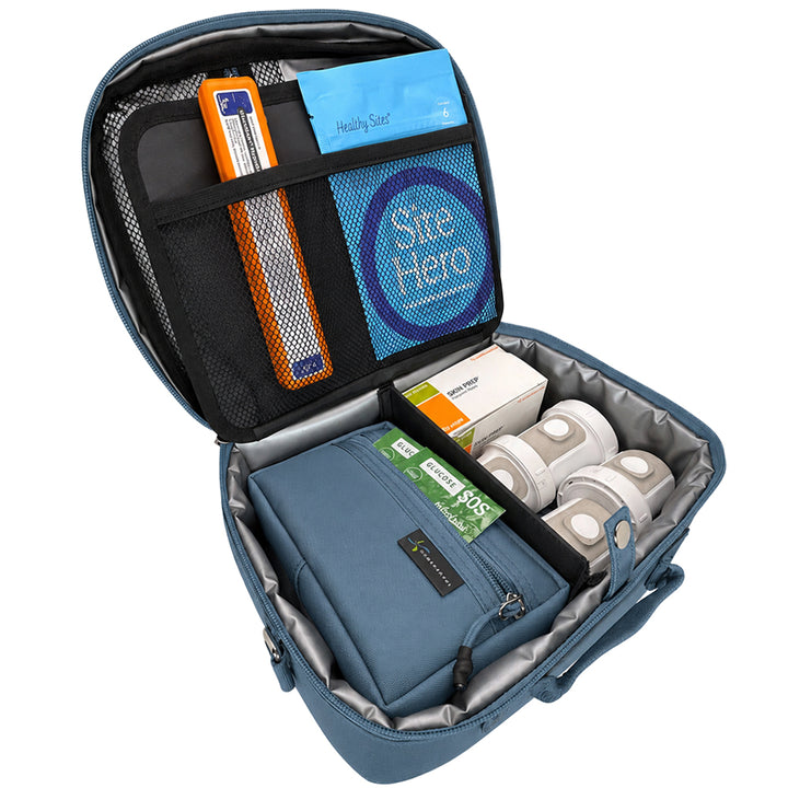 Diabetes Insulated Travel Bag in steel blue compartment for a glucagon kit, dexcom g7 supplies, snacks, glucose tablets, and includes a removable pouch.