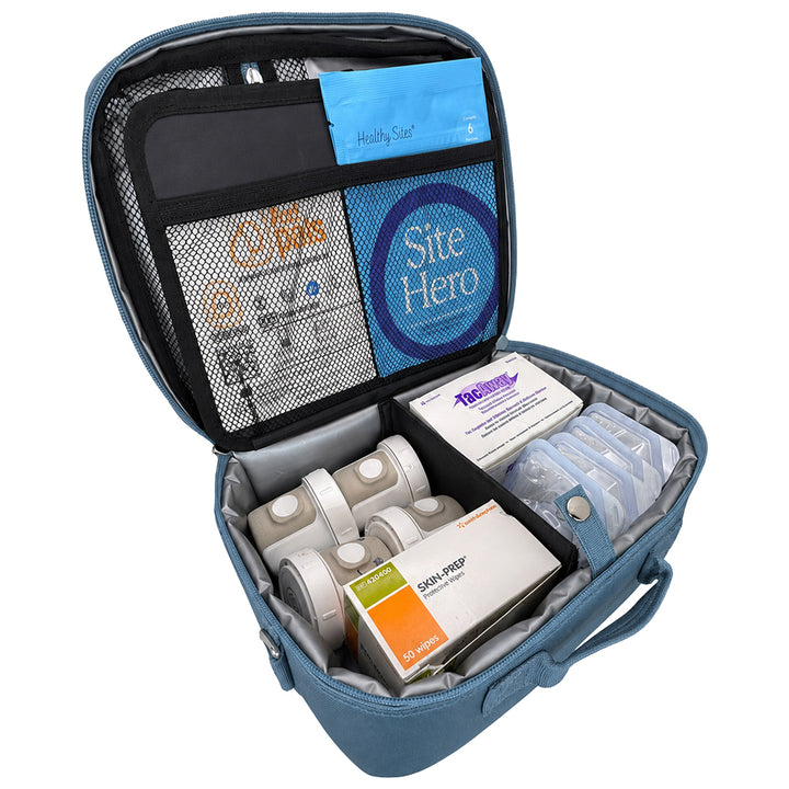 Diabetes Insulated Travel Bag in steel blue back compartment for site hero, Omnipod supplies, Dexcom, tac a way, podpals, and extra pods.