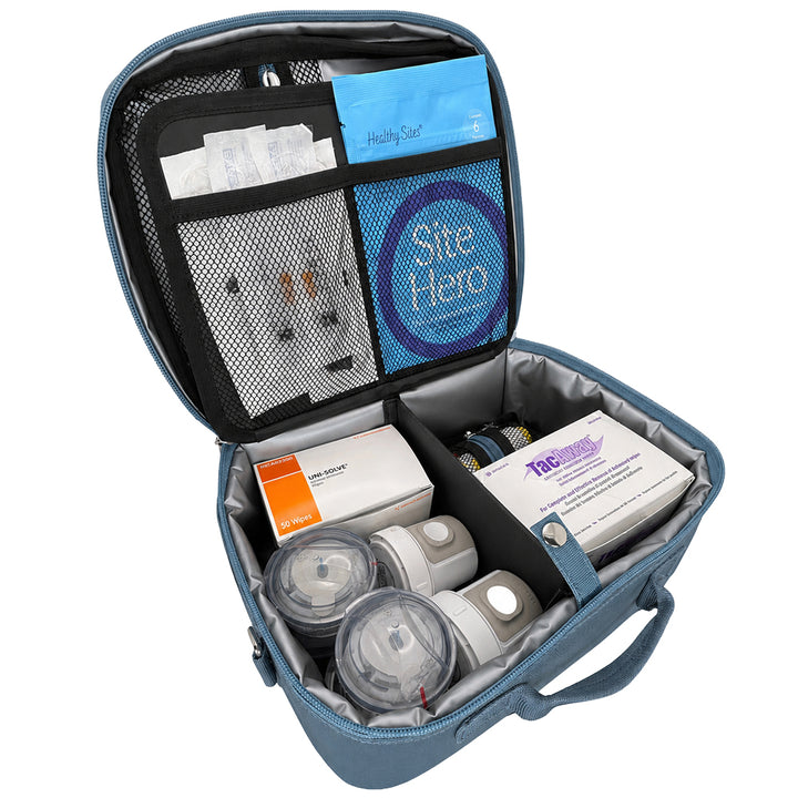 Diabetes Insulated Travel Bag in steel blue compartment for skin grip, tandem supplies, Dexcom g7 supplies, snacks, glucose melts and wipes.