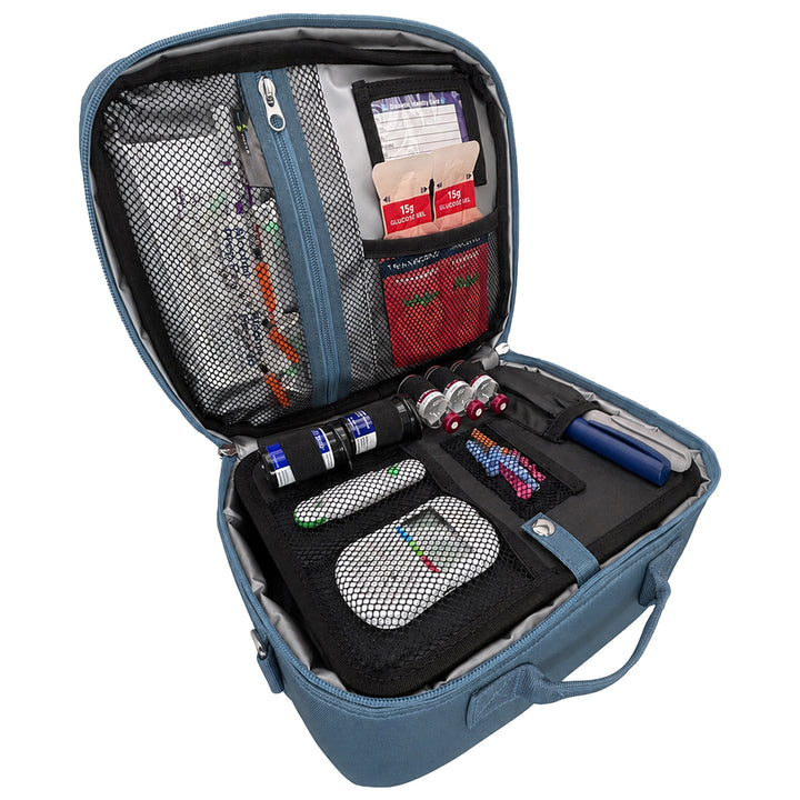 Diabetes Insulated Travel Bag in steel blue front section has pockets for glucose meter and lancing device and loops for insulin vials and pocket for insulin pens.