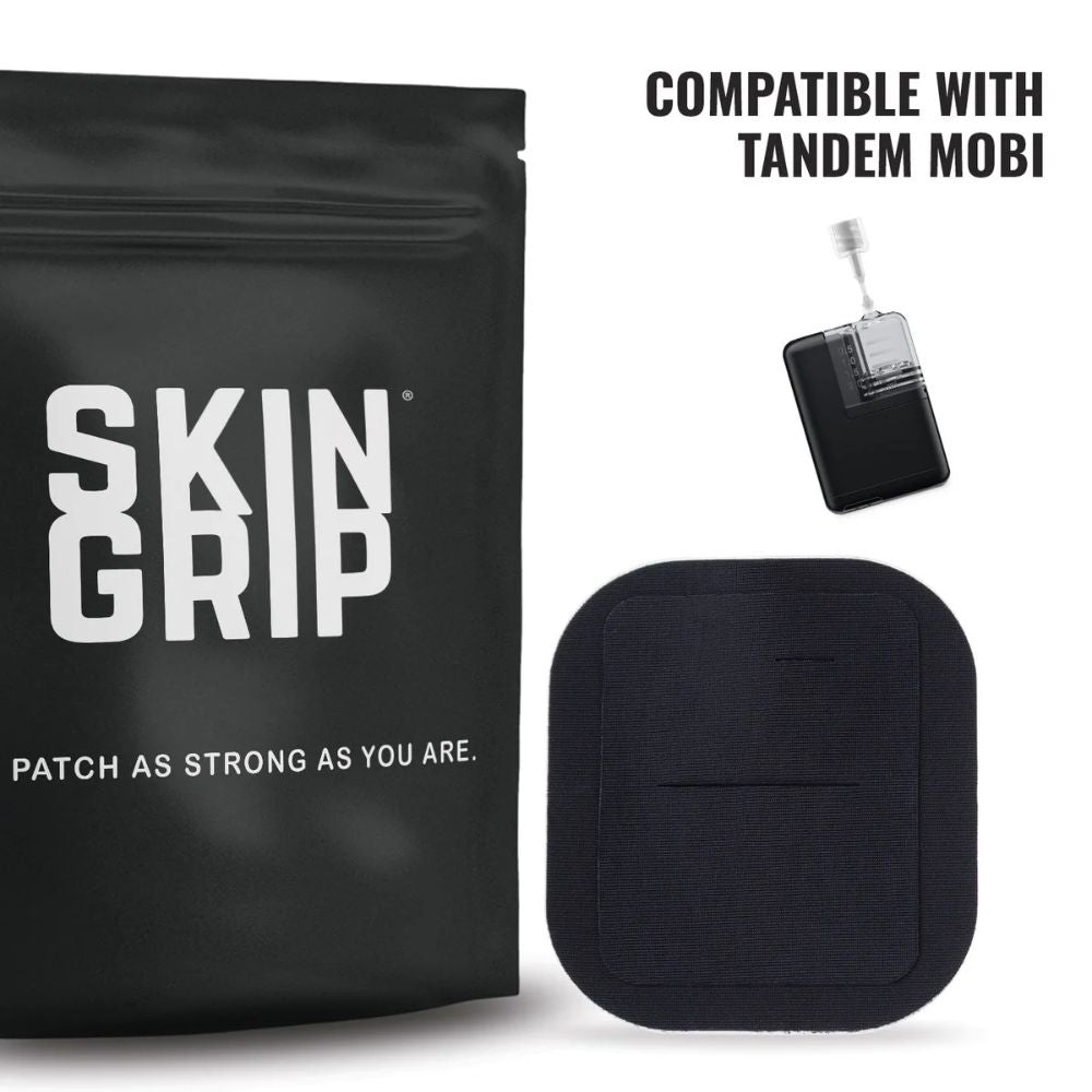 Skin Grip packaging with a patch and text indicating compatibility with Tandem Mobi.