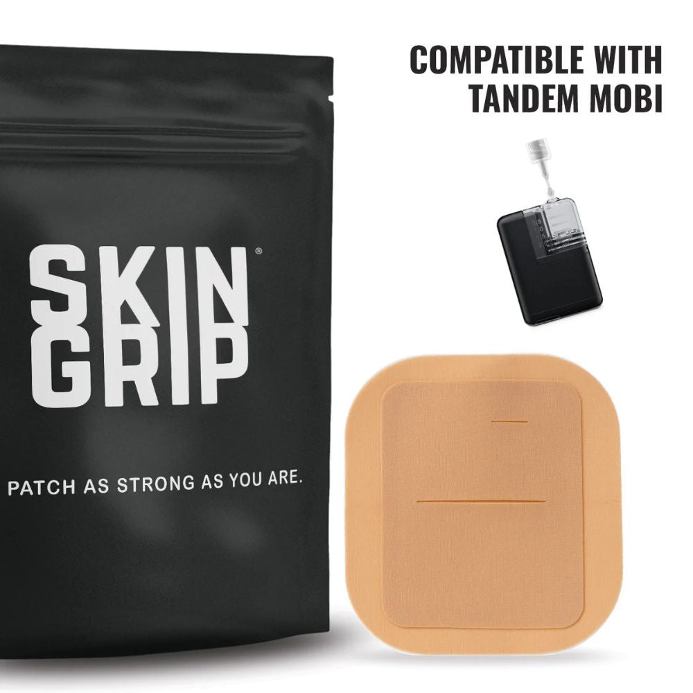 Skin Grip packaging with a patch and text indicating compatibility with Tandem Mobi.