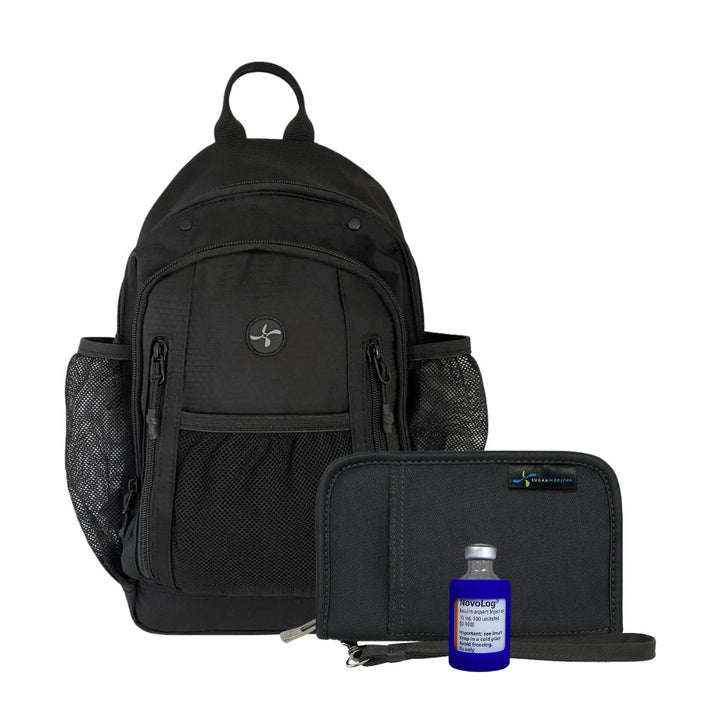 Black Insulated diabetes supply backpack with a smaller black diabetes kit and a blue insulin sleeve bottle on a white background