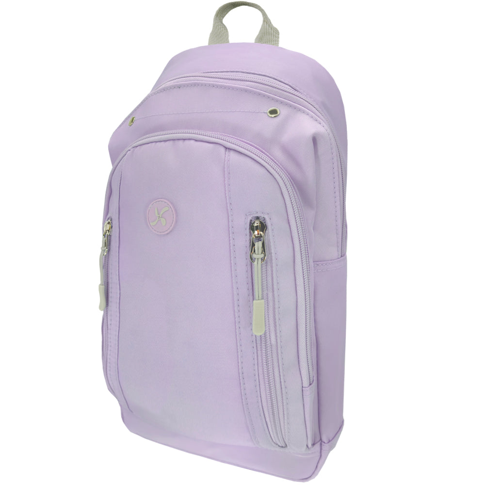 Diabetes Roam Insulated Sling Backpack in purple side with two front zippers and two back compartments. 