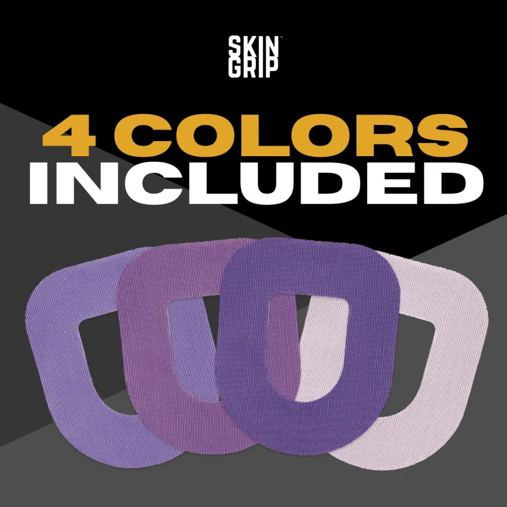 Promotional graphic for Skin Grip with four purple circular objects and text about color options on a dark background.