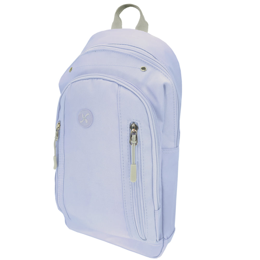 Diabetes Roam Insulated Sling Backpack in purple side with two front zippers and two back compartments. 