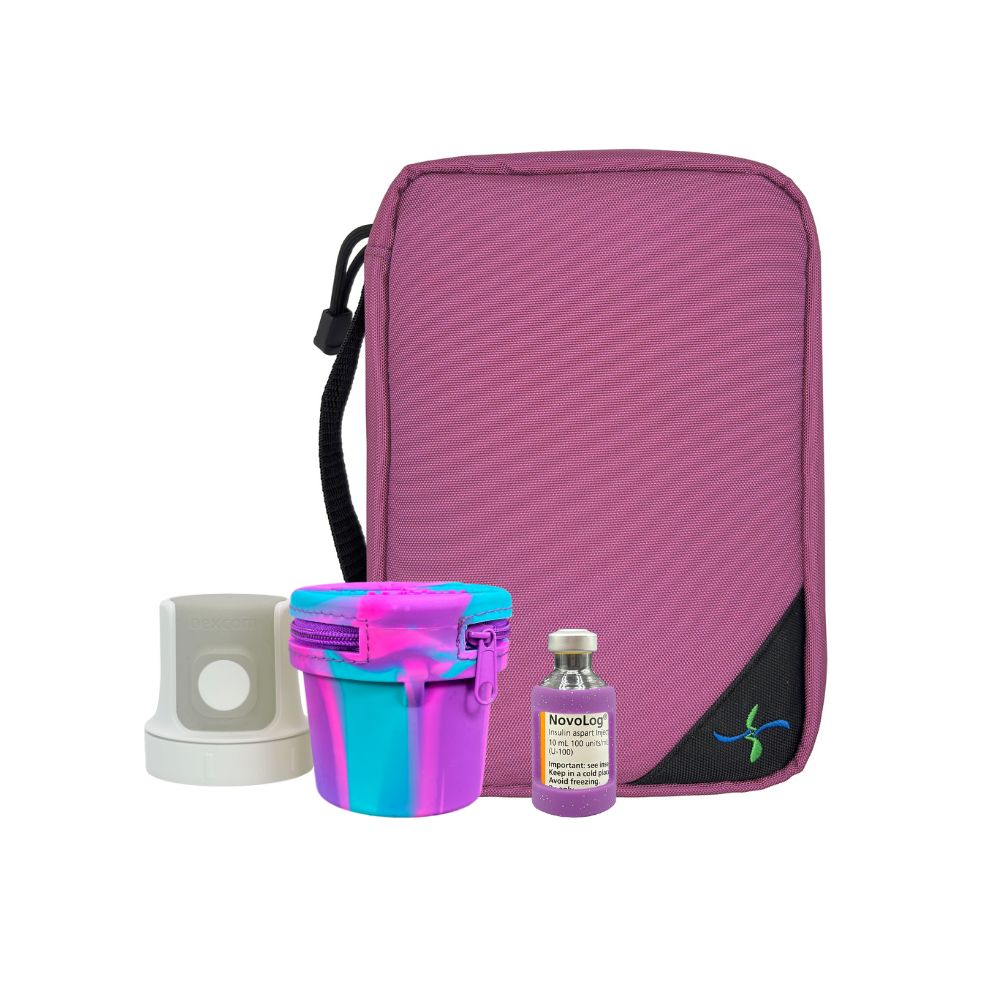 Purple travel bag with a colorful g7 Dexcom travel case and purple insulin sleeve on a white background