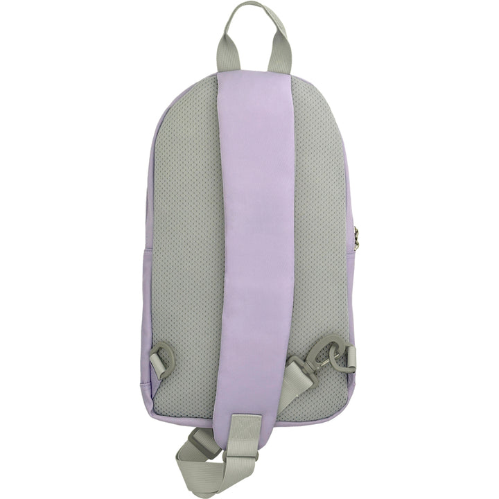Diabetes Roam Insulated Sling Backpack in purple strap that can be worn on your right or left shoulder. 