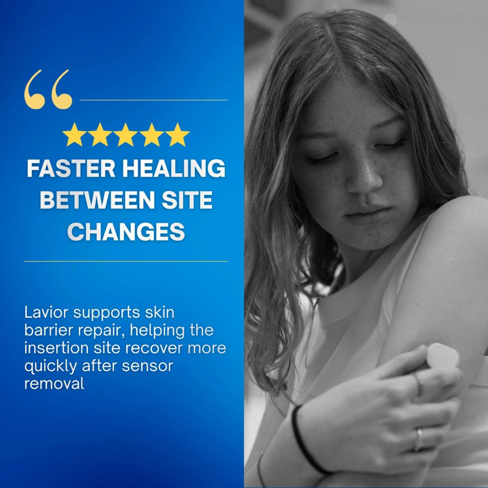 Person holding shoulder with text about faster healing and Lavor product benefits on a blue background