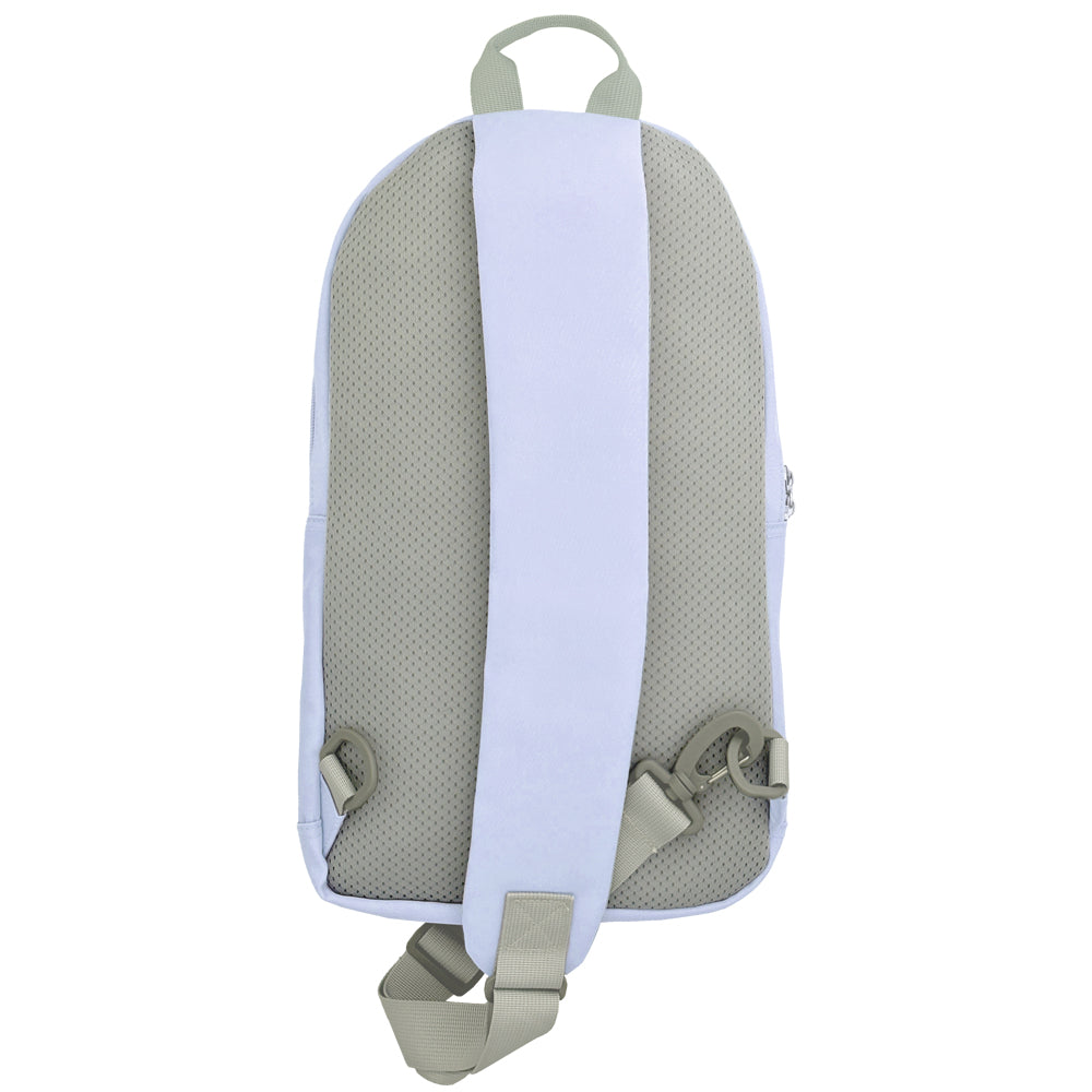 Diabetes Roam Insulated Sling Backpack in purple strap that can be worn on your right or left shoulder. 