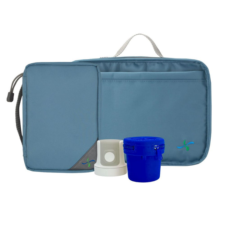 Blue travel bag and blue organizer with a blue Dexcom G7 travel case  and Dexcom G7 on a white background
