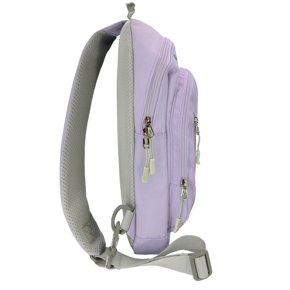 Diabetes Roam Insulated Sling Backpack in purple side with strap that can worn on your left or right shoulder. 