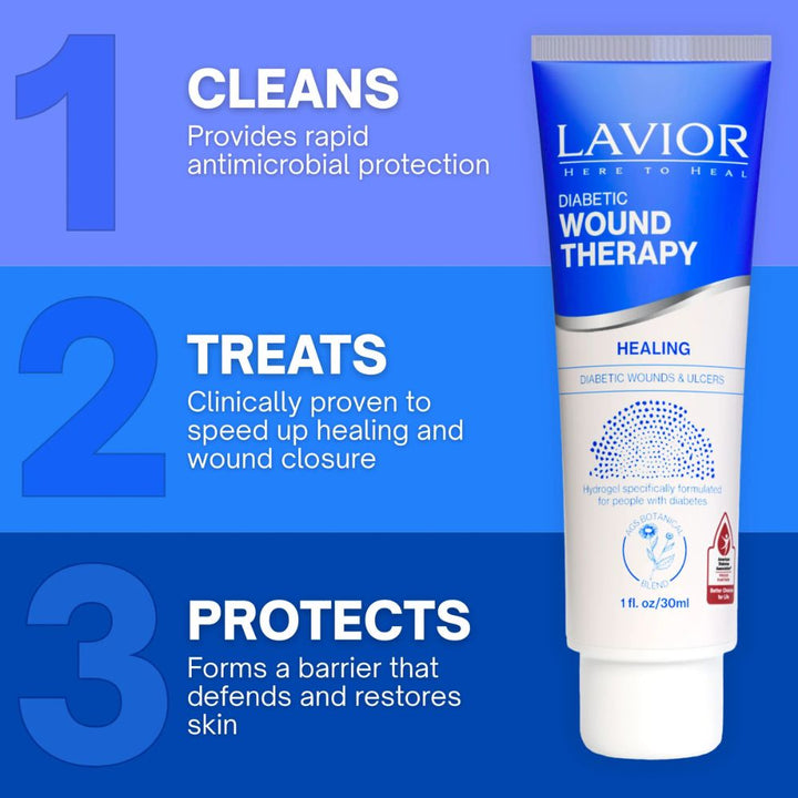 Lavior Diabetic Wound Therapy tube with benefits listed on a blue background