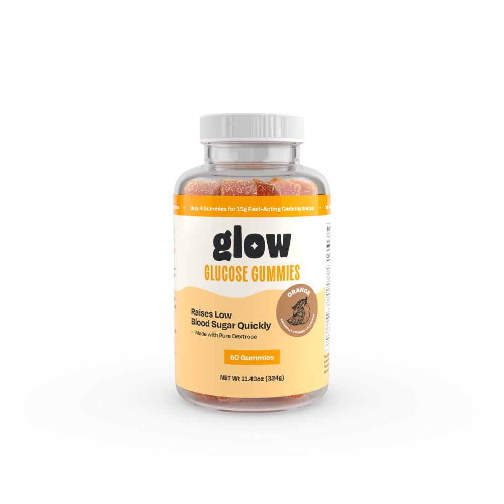 Bottle of glow Glucose Gummies on a white background