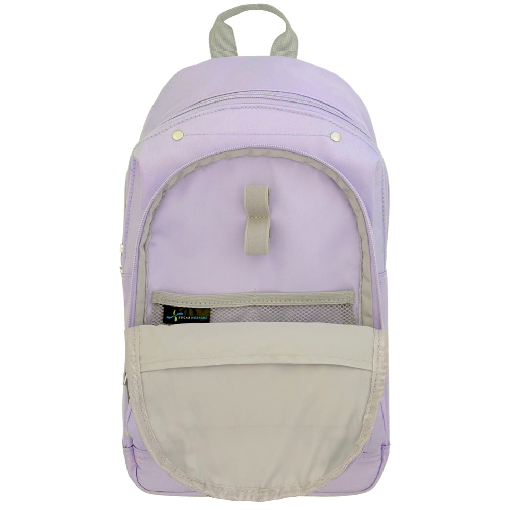Diabetes Roam Insulated Sling Backpack in purple inside with pockets and loops to organize your diabetic supplies. 