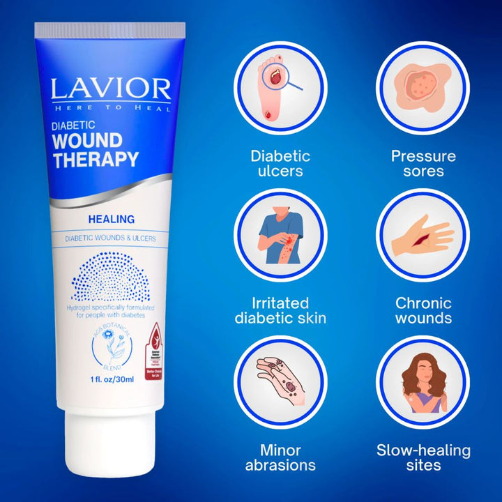 Lavior diabetic wound therapy tube with icons indicating uses on a blue background