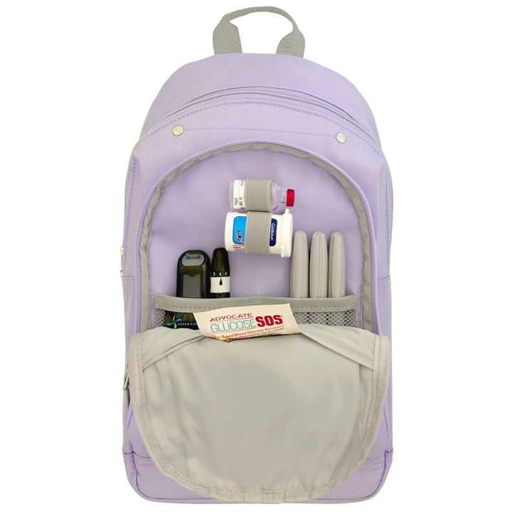 Diabetes Roam Insulated Sling Backpack in purple inside set up with glucose meter, test strips, lancet, insulin pens and vial. 