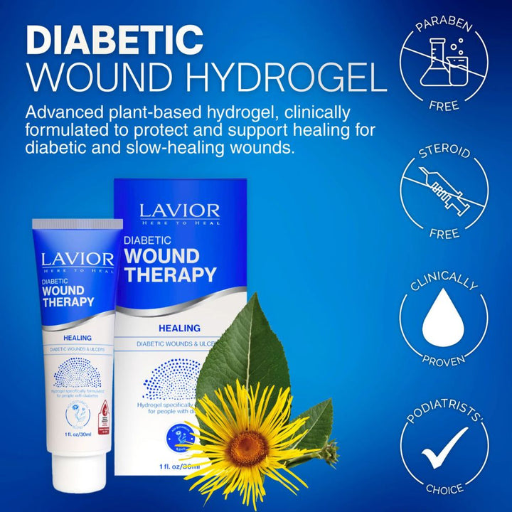 Lavior Diabetic Wound Therapy product with sunflower and key features on a blue background