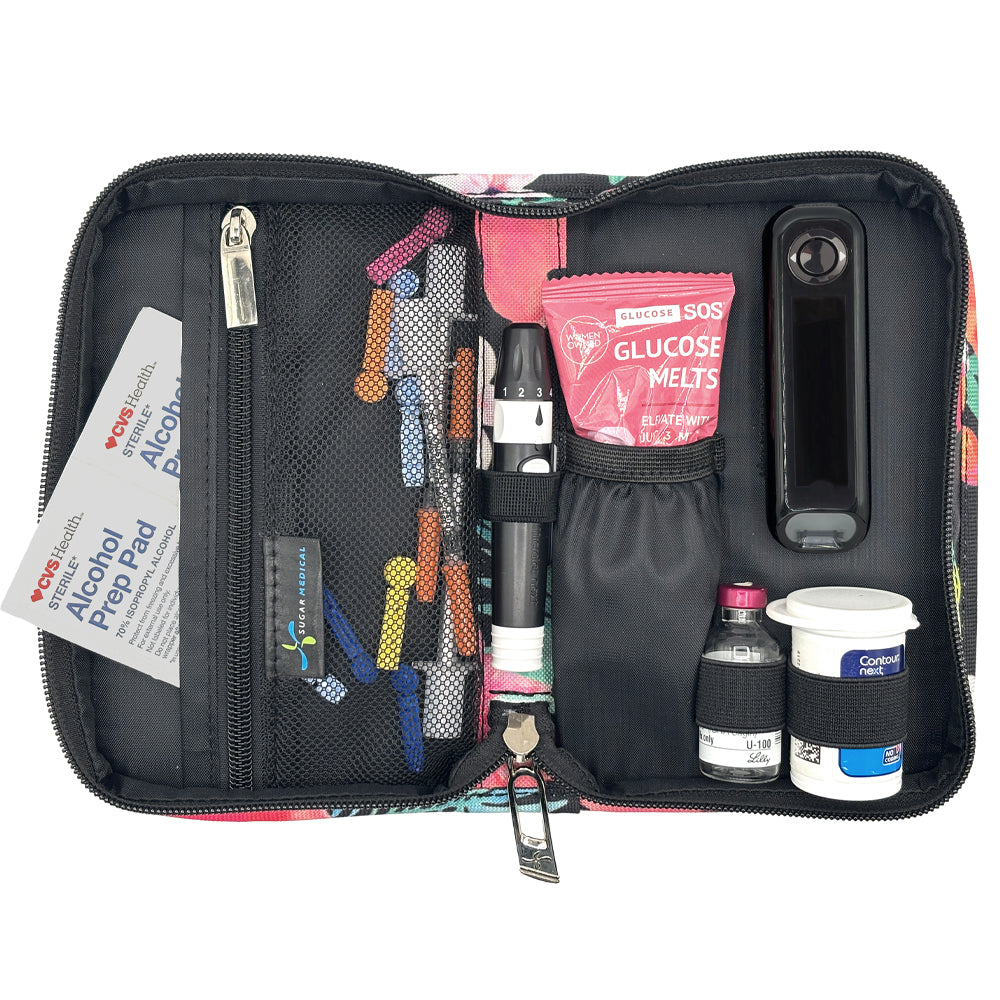 Sugar Medical Diabetes Supply Case II aloha design inside set up with glucose meter, test strips, lancet, glucose tabs and wipes. 