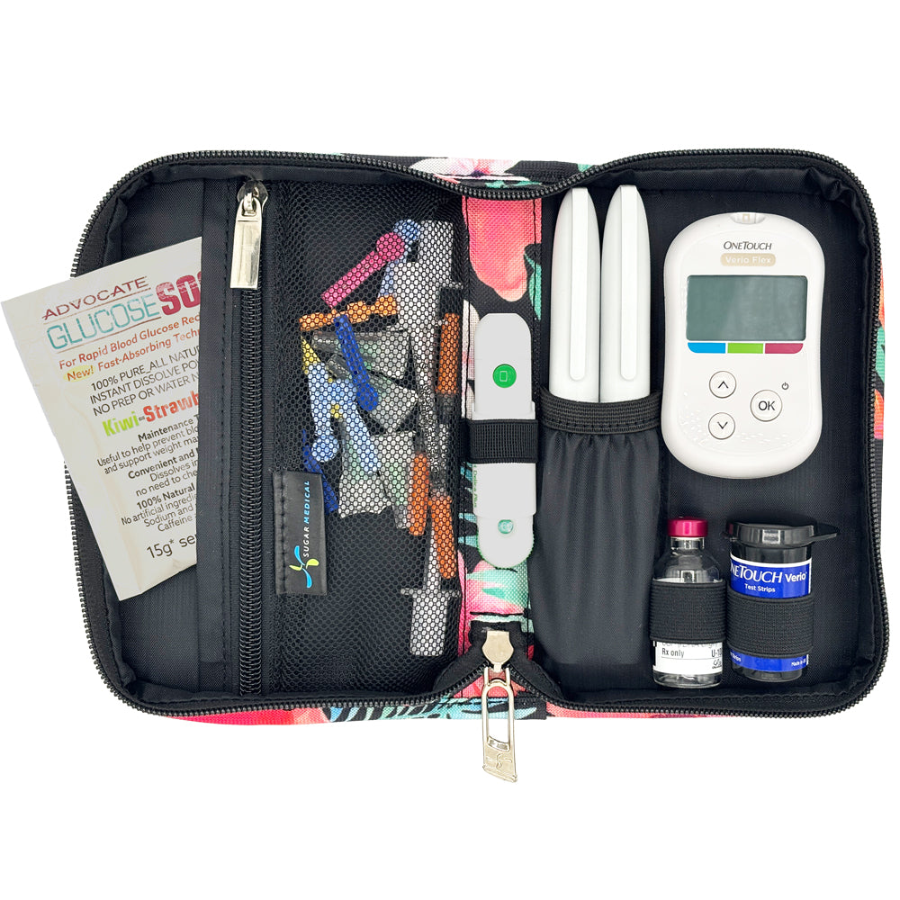 Sugar Medical Diabetes Supply Case II aloha design inside set up with glucose meter, test strips, lancet, insulin pens and glucose sos. 