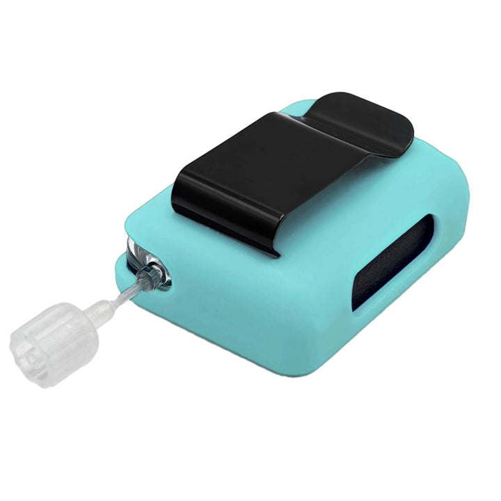 Aqua Tandem Mobi EZ-To-Charge Clip with Mobi insulin pump inside the case, lying flat on a surface.